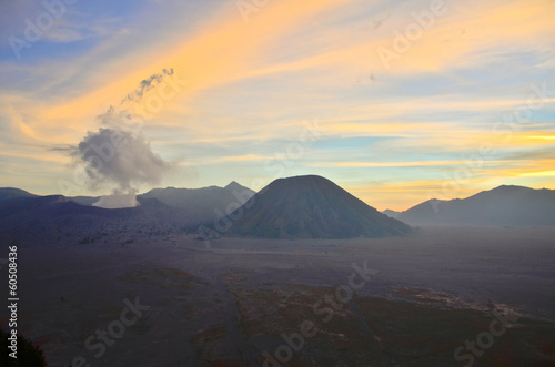 Volcanoes in Bromo Tengger Semeru National Park at sunset. Java,