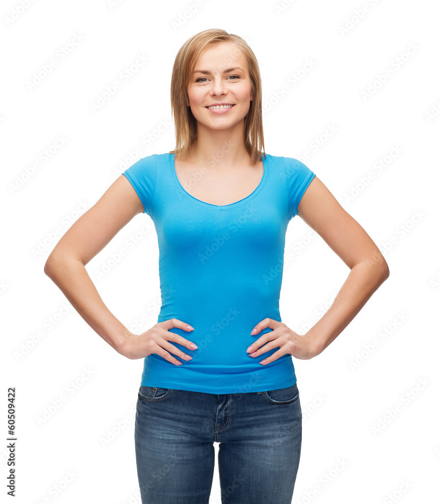 smiling girl in blank blue t-shirt smiling girl in blank blue t-shirt