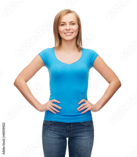 smiling girl in blank blue t-shirt