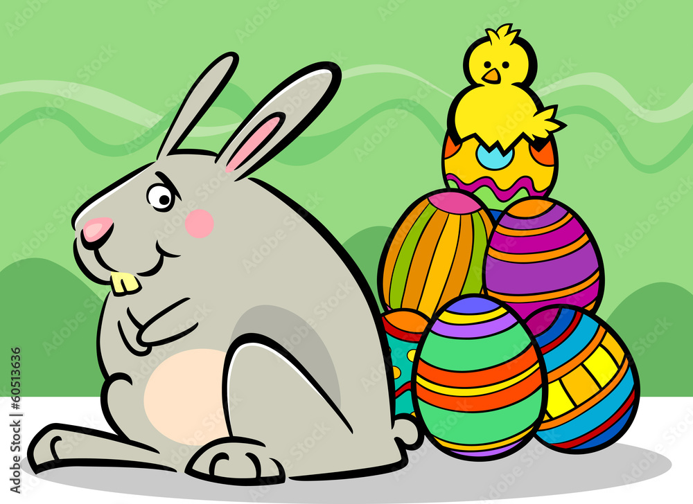 Obraz premium easter bunny and eggs cartoon illustration