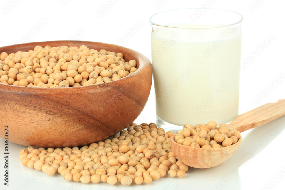 Soy beans with glass of milk isolated on white