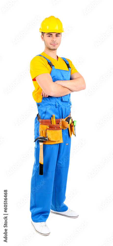 Male builder in yellow helmet isolated on white Male builder in yellow helmet isolated on white