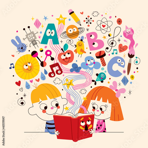 cute kids reading book education concept illustration