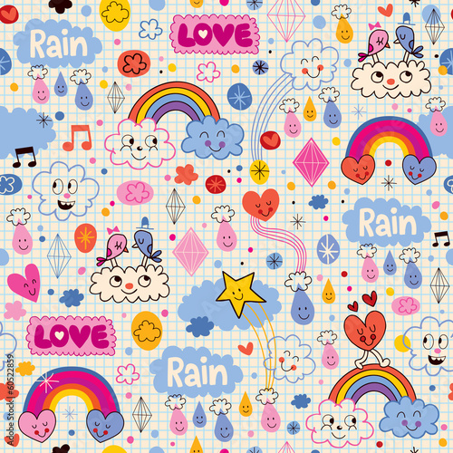 clouds rainbows birds rain love hearts pattern