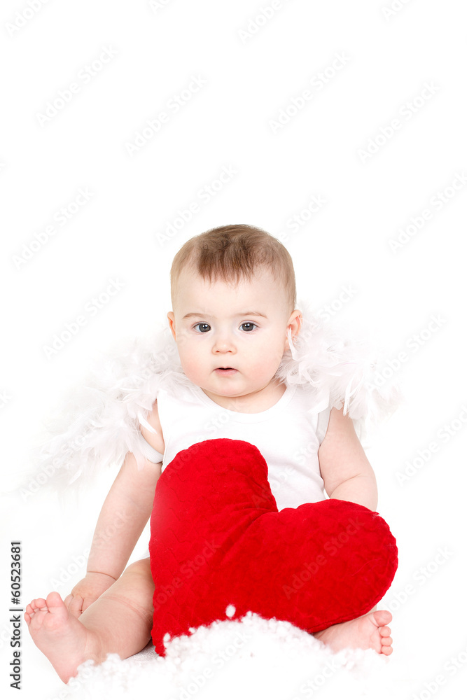 Portrait of little valentine angel with red soft heart Portrait of little valentine angel with red soft heart