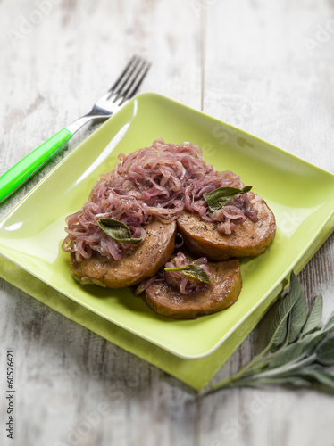 seitan with onions and sage, selective focus photo