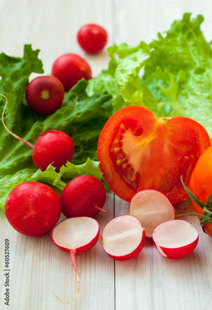 salad, lettuce, tomato and red radish salad, lettuce, tomato and red radish