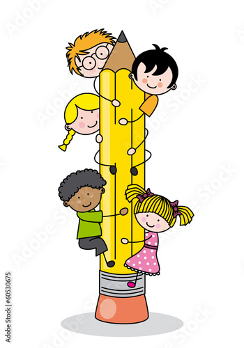 children climbing up a pencil