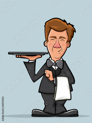 Waiter holding empty silver tray over blue background