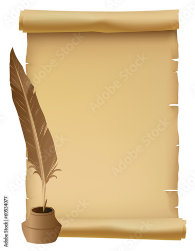 Vintage Paper Scroll with Feather Pen and Ink