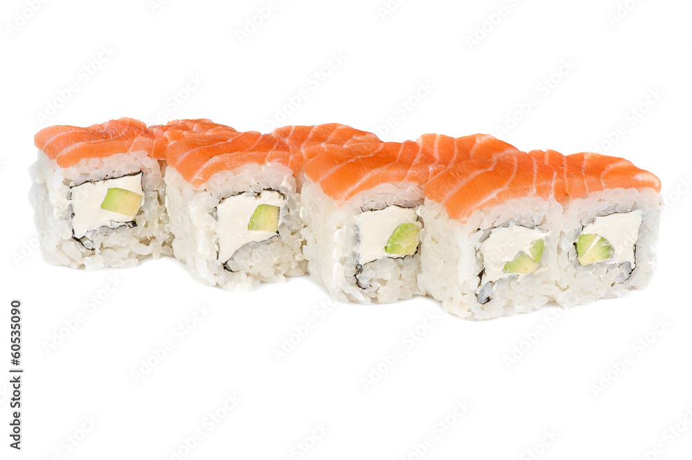 Roll with cream cheese, avocado and salmon fish Roll with cream cheese, avocado and salmon fish