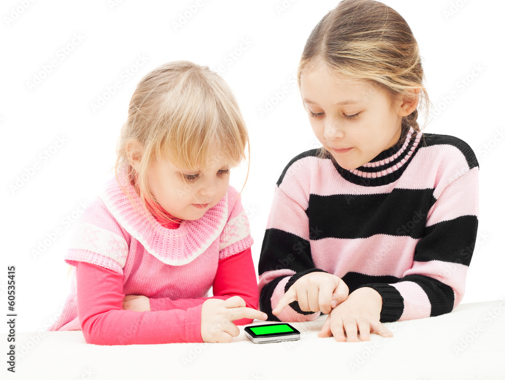 children use a smartphone with green screen children use a smartphone with green screen