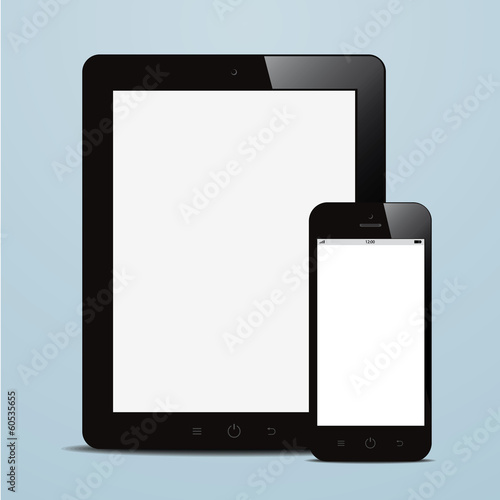 tablet and smartphone with blank screen blue background