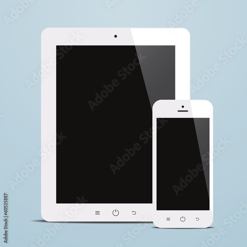 tablet and smartphone with black screen blue background