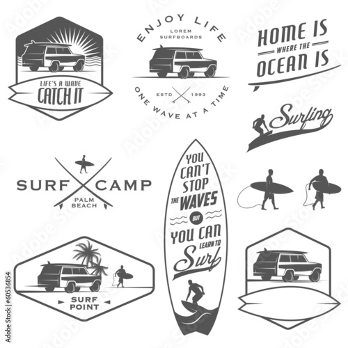 Set of vintage surfing labels, badges and design elements