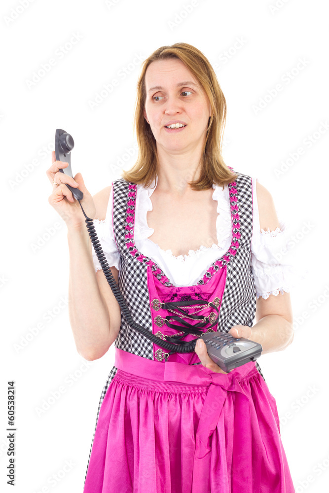 Pink dressed woman wondering about aggressive phone call Pink dressed woman wondering about aggressive phone call