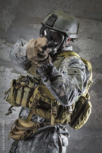 Gas Mask Soldier aiming handgun