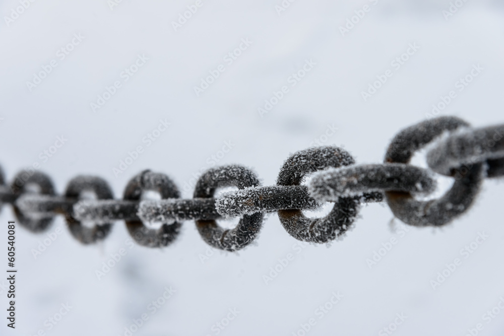 old rusty iron chain on a frost covered with snow old rusty iron chain on a frost covered with snow