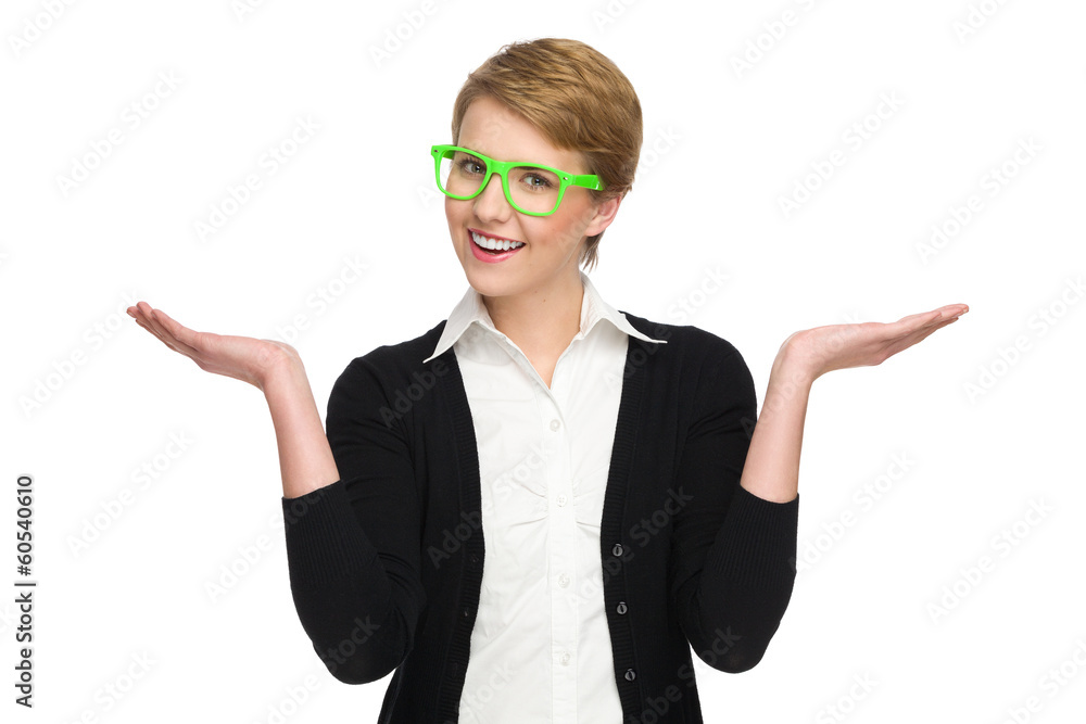 Happy young woman in green glasses with raised hands. Happy young woman in green glasses with raised hands.