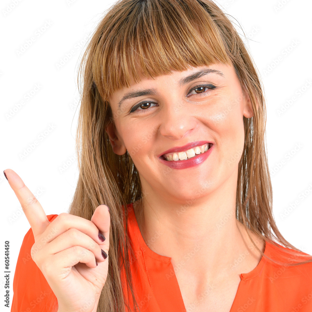 Happy smiling beautiful young woman showing copyspace or somethi Happy smiling beautiful young woman showing copyspace or somethi