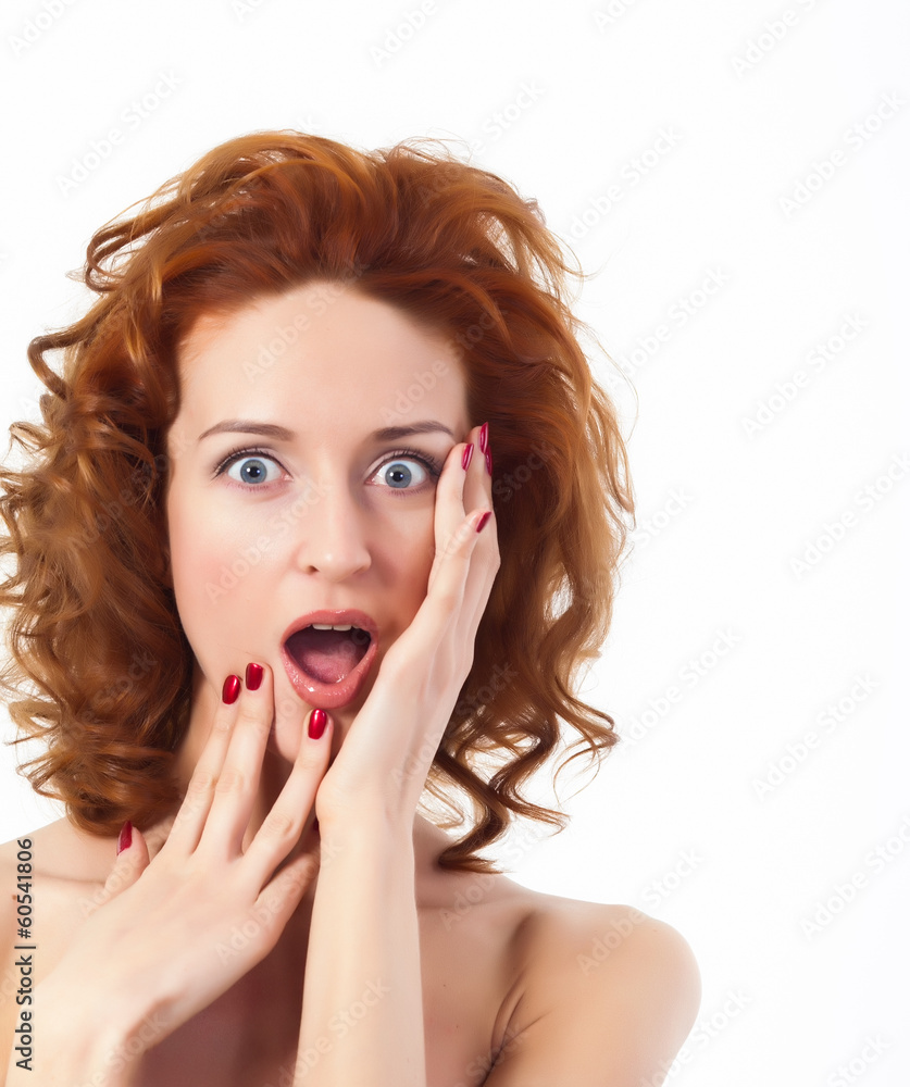 Beautiful caucasion lady with red hair touching her face. Beautiful caucasion lady with red hair touching her face.