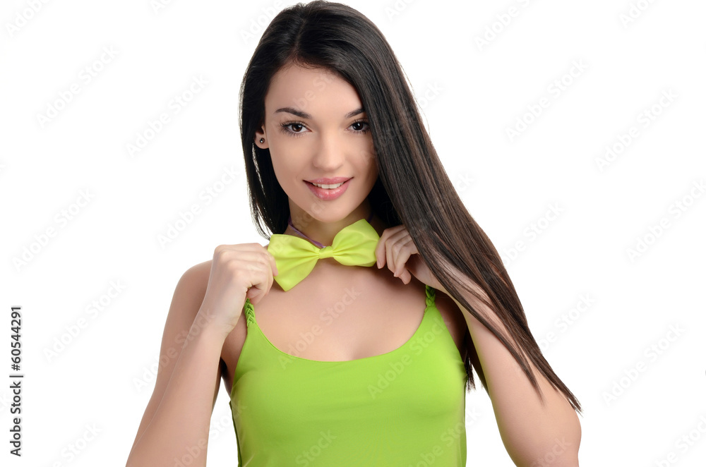 Girl with bow tie.Beautiful brunette girl with neon green bowtie Girl with bow tie.Beautiful brunette girl with neon green bowtie