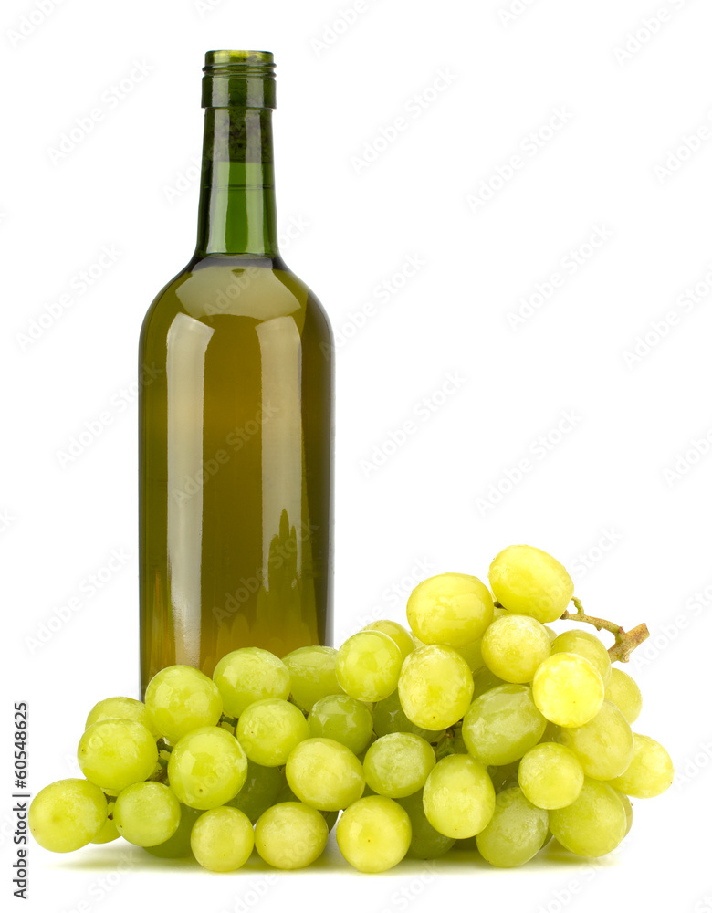 Vine bottle and green grape bunch isolated on white background Vine bottle and green grape bunch isolated on white background