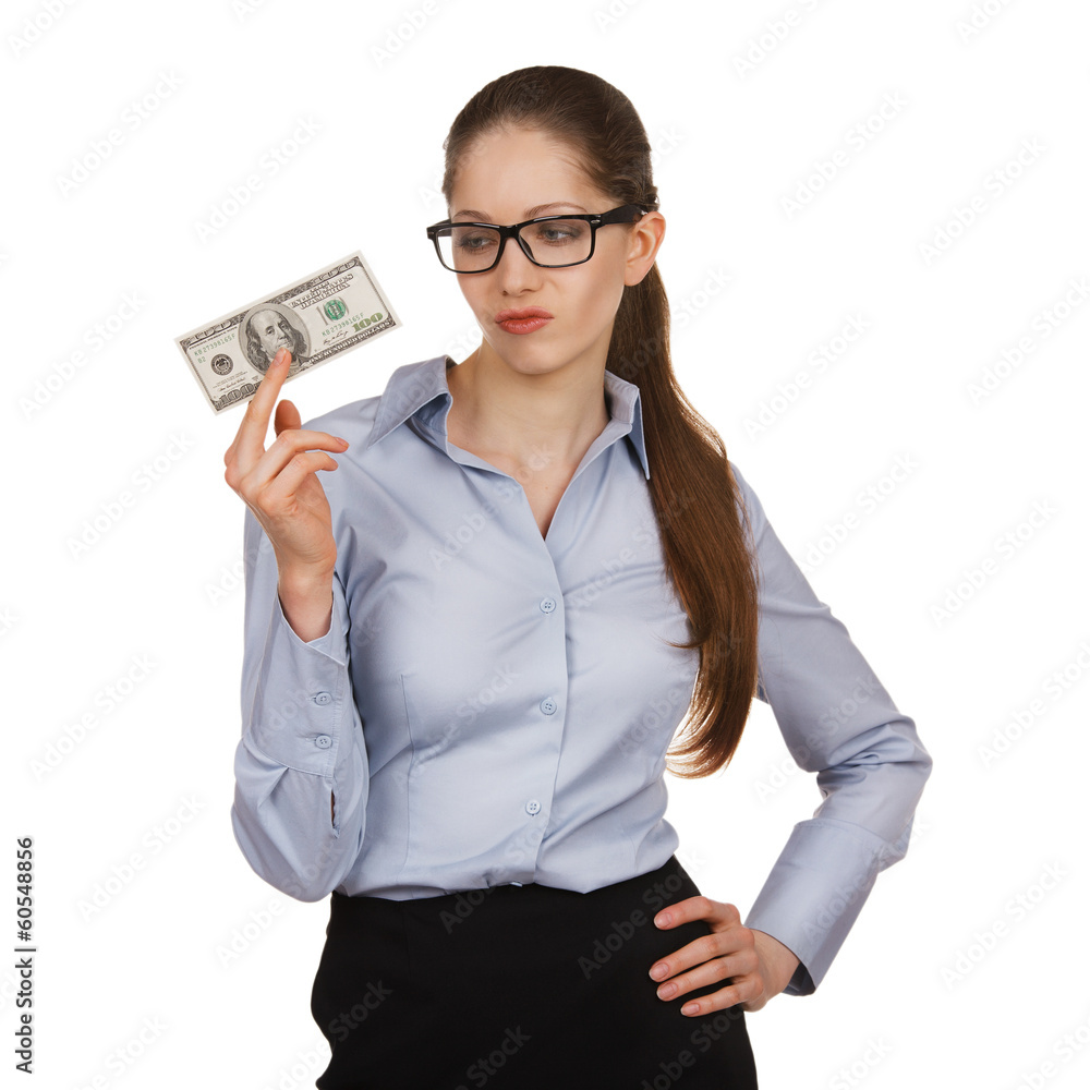 Woman holding a hundred dollar bill disparagingly Woman holding a hundred dollar bill disparagingly