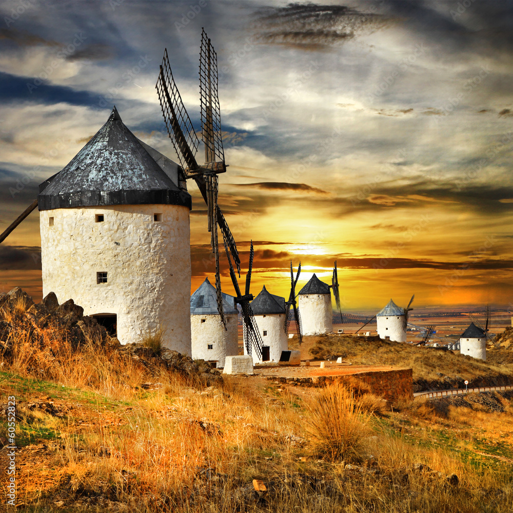 Spain,Consuegra. windmills on sunset, - obrazy, fototapety, plakaty 