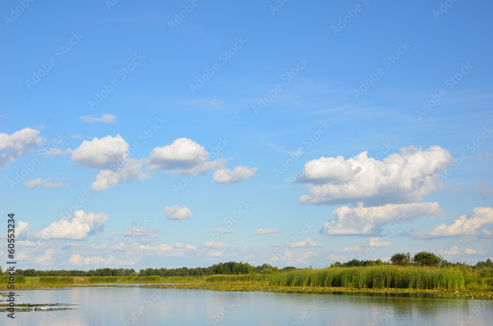 Summer sky over the calm lake.