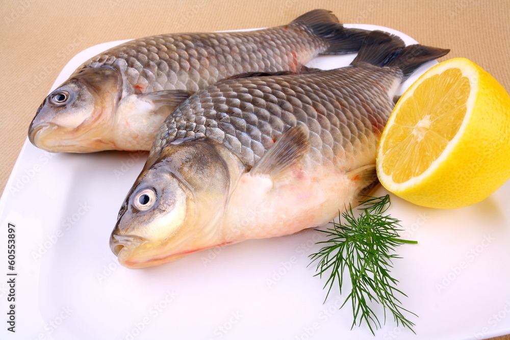 Two fresh carp on white plate with lemon Two fresh carp on white plate with lemon