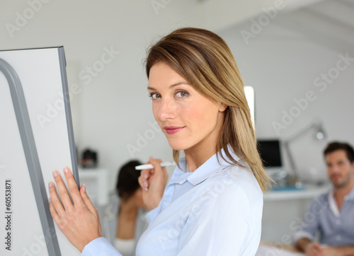 Businesswoman doing business presentation on whiteboard