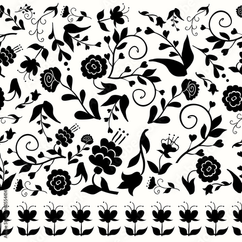 Seamless vintage pattern with black flowers