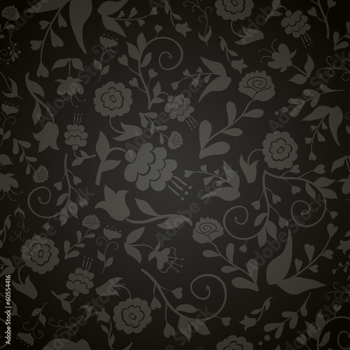 Seamless vintage pattern with gray flowers on a black background