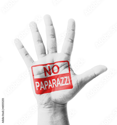 Open hand raised, No Paparazzi sign painted