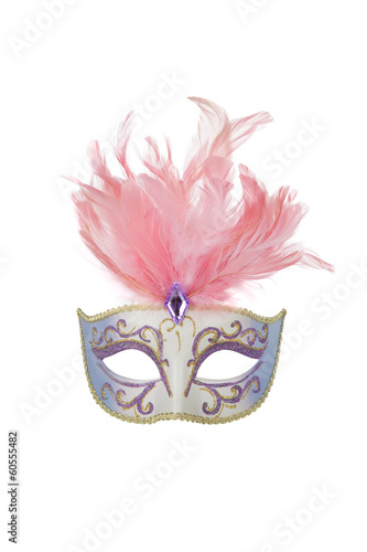 Beautiful carnival mask with pink feathers, isolated on white