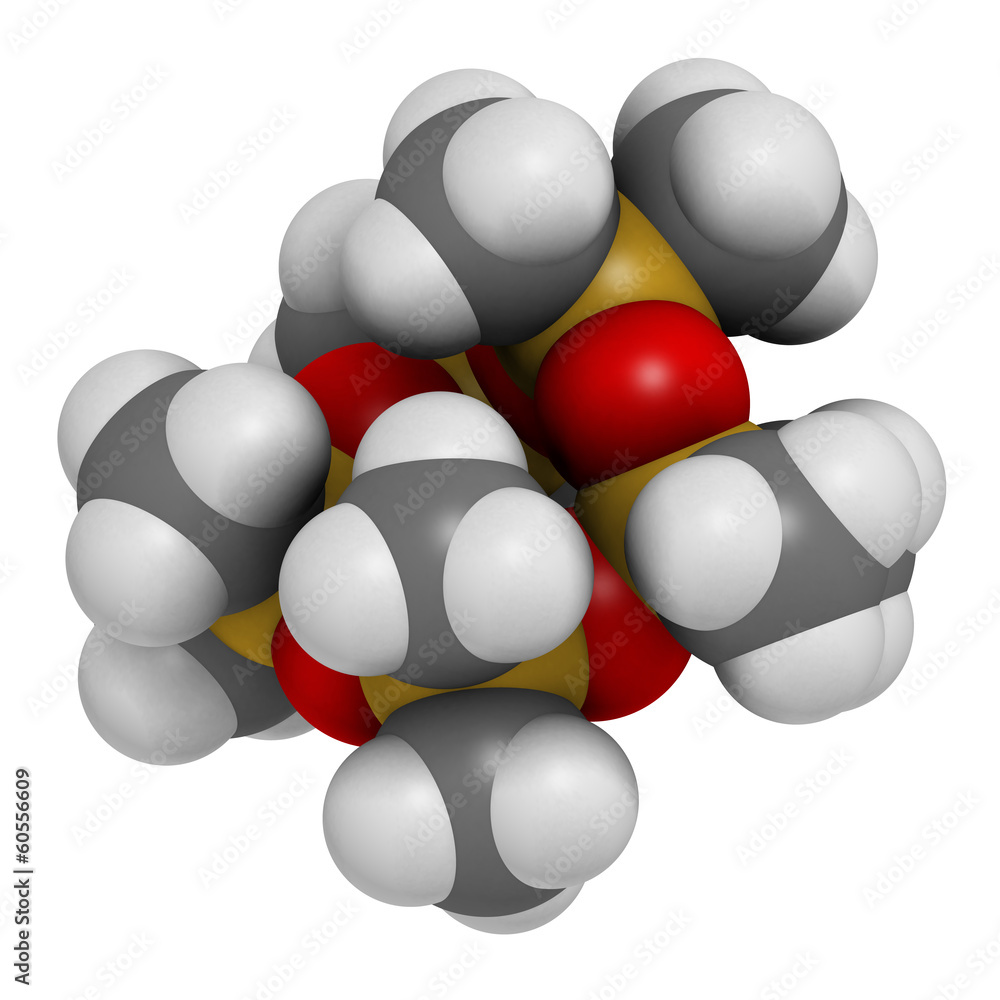 Decamethylcyclopentasiloxane (D5) molecule. Cyclic silicone. Decamethylcyclopentasiloxane (D5) molecule. Cyclic silicone.