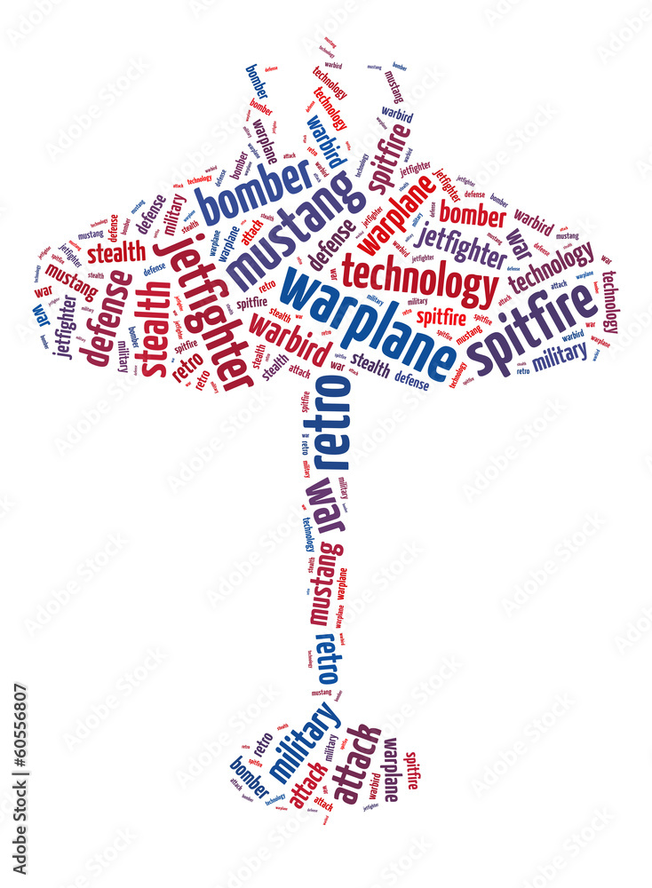 Obraz premium Words illustration of the warplane over white background