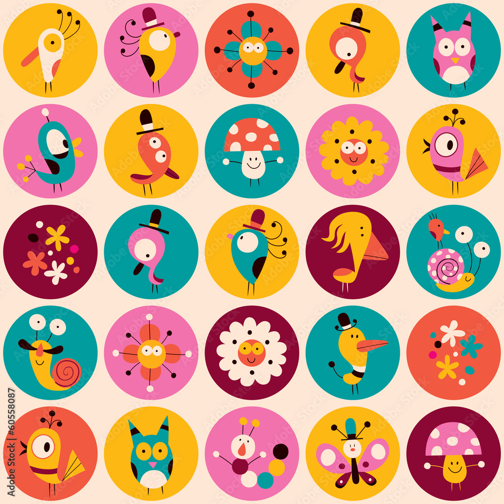 flowers, birds, mushrooms & snails characters circles pattern flowers, birds, mushrooms & snails characters circles pattern