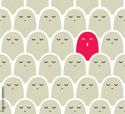 funny pattern. bright red figure in the grey crowd