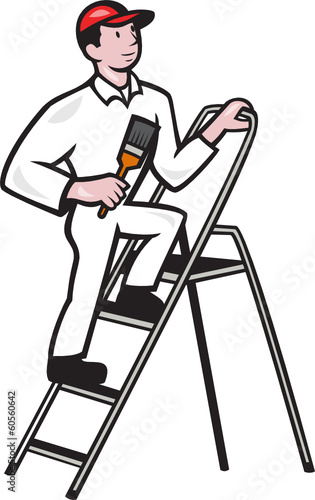 House Painter Standing on Ladder Cartoon