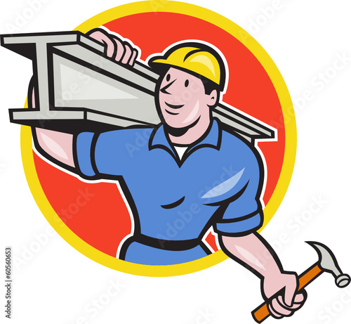 Construction Steel Worker Carry I-Beam Circle Cartoon