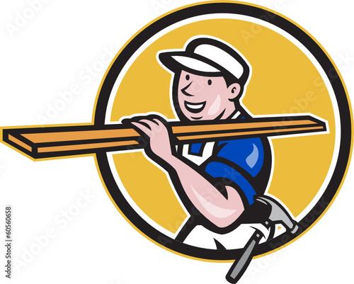 Carpenter Worker Carrying Timber Circle Cartoon