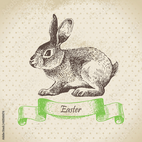 Vintage background with Easter rabbit. Hand drawn illustration