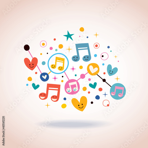 music notes, hearts and dots abstract art illustration