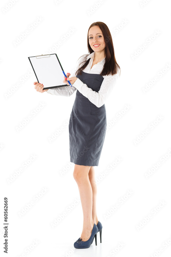 Businesswoman shows blank clipboard.. Businesswoman shows blank clipboard..