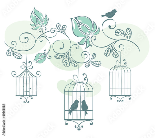 Floral background with birds in cage