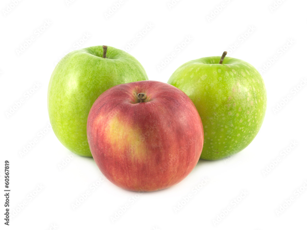 Three color ripe apples isolated on white close up Three color ripe apples isolated on white close up