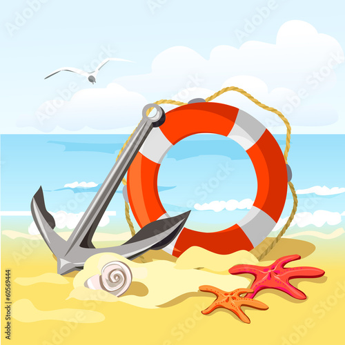 beach, anchor, lifebuoy and starfish