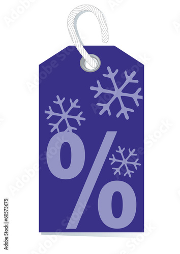 sales label with percentage sign and snow in deep violet